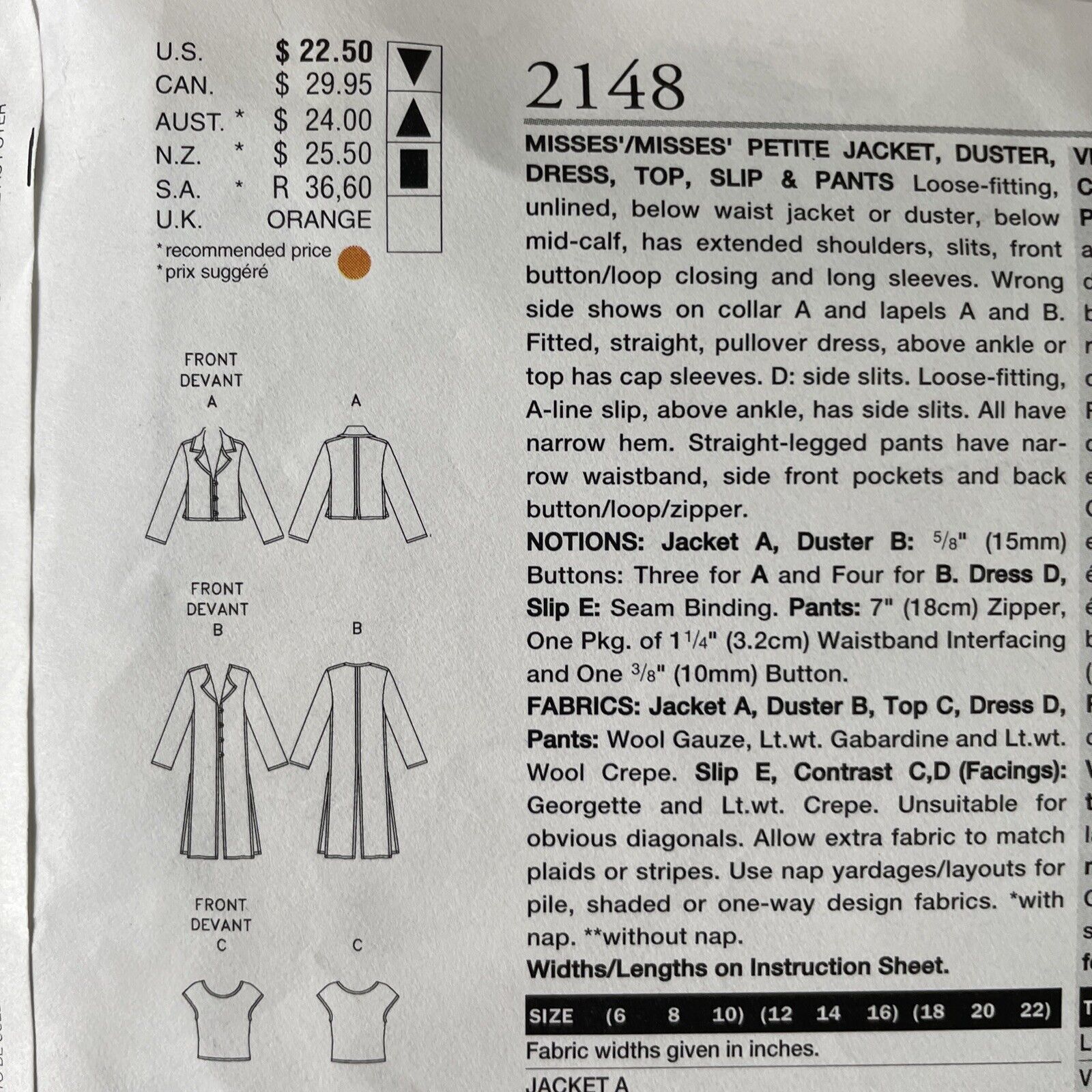 Vogue 2148 Womens Size 12-16 Dress Jacket Top Trousers