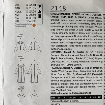 Vogue 2148 Womens Size 12-16 Dress Jacket Top Trousers