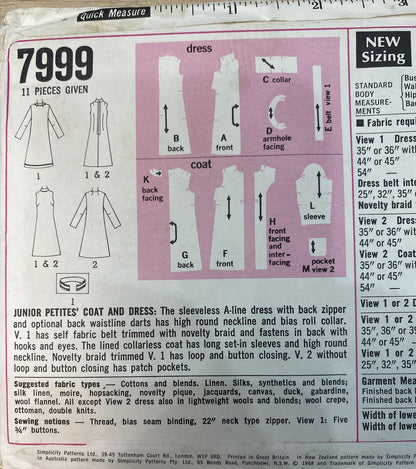 Simplicity 7999 Size 11 Petite Coat Dress *