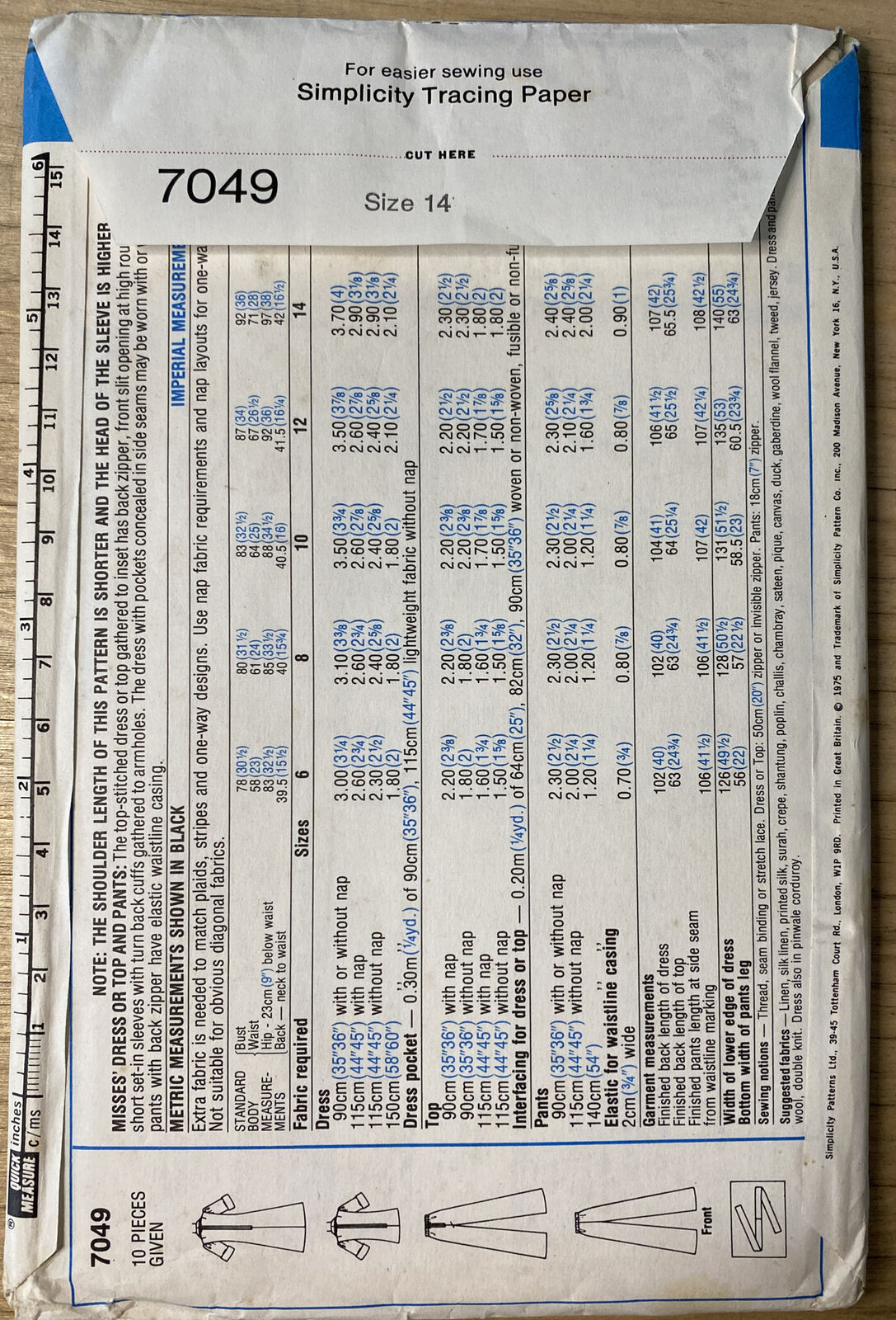 Simplicity 7049 Womens Size 14 Dress Top Trousers *