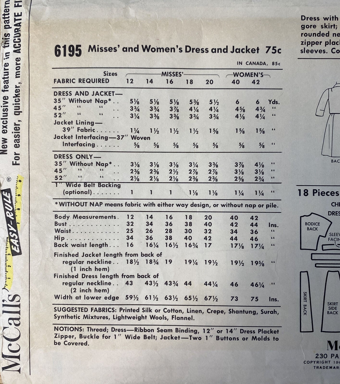McCalls 6195 Womens Size 18 Jacket Dress *