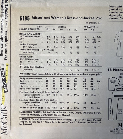 McCalls 6195 Womens Size 18 Jacket Dress *