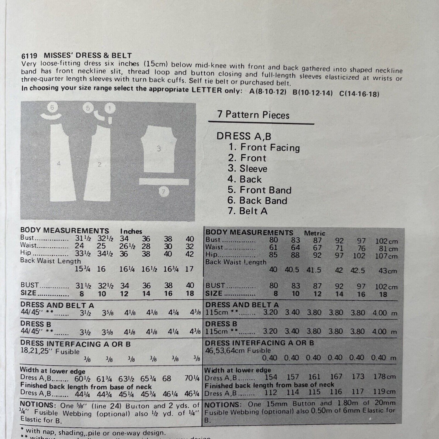 Butterick 6119 Womens Size 8-12 Dress *