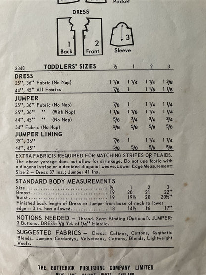 Butterick 3348 Baby Toddler Size 1/2 Dress *