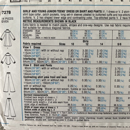 Simplicity 7278 Girl Size 12 Dress Shirt Trousers *