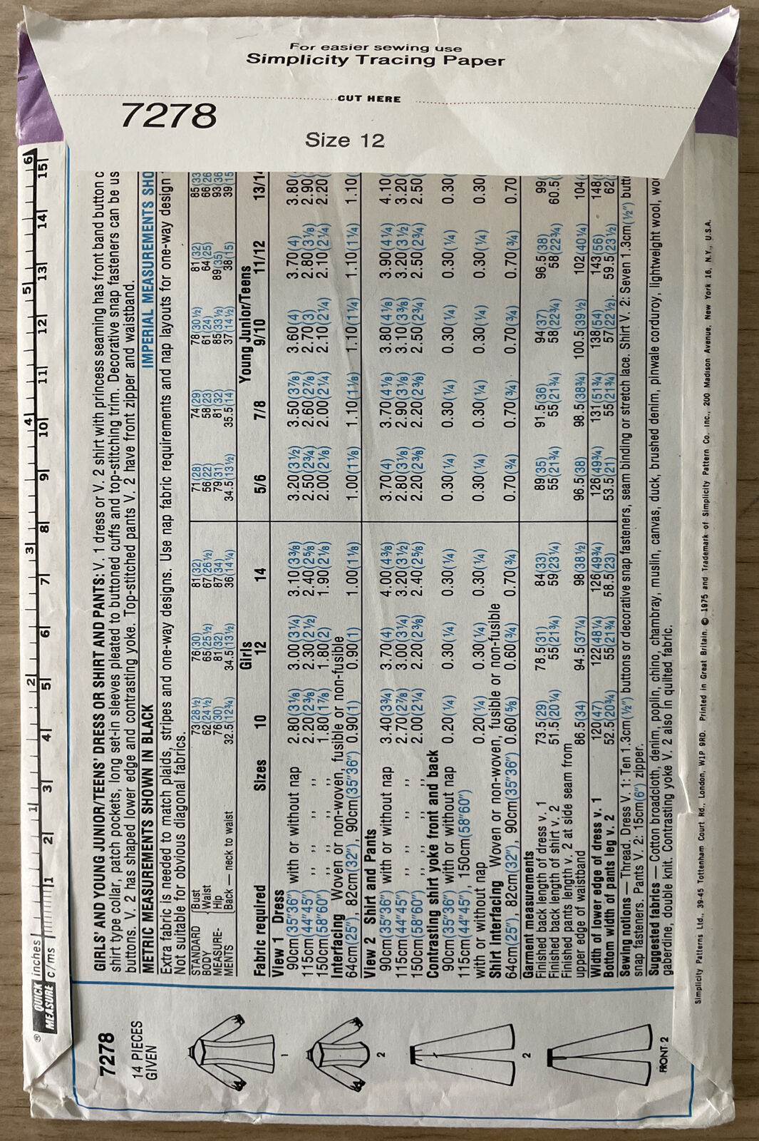 Simplicity 7278 Girl Size 12 Dress Shirt Trousers *