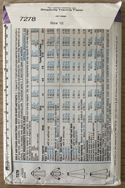 Simplicity 7278 Girl Size 12 Dress Shirt Trousers *