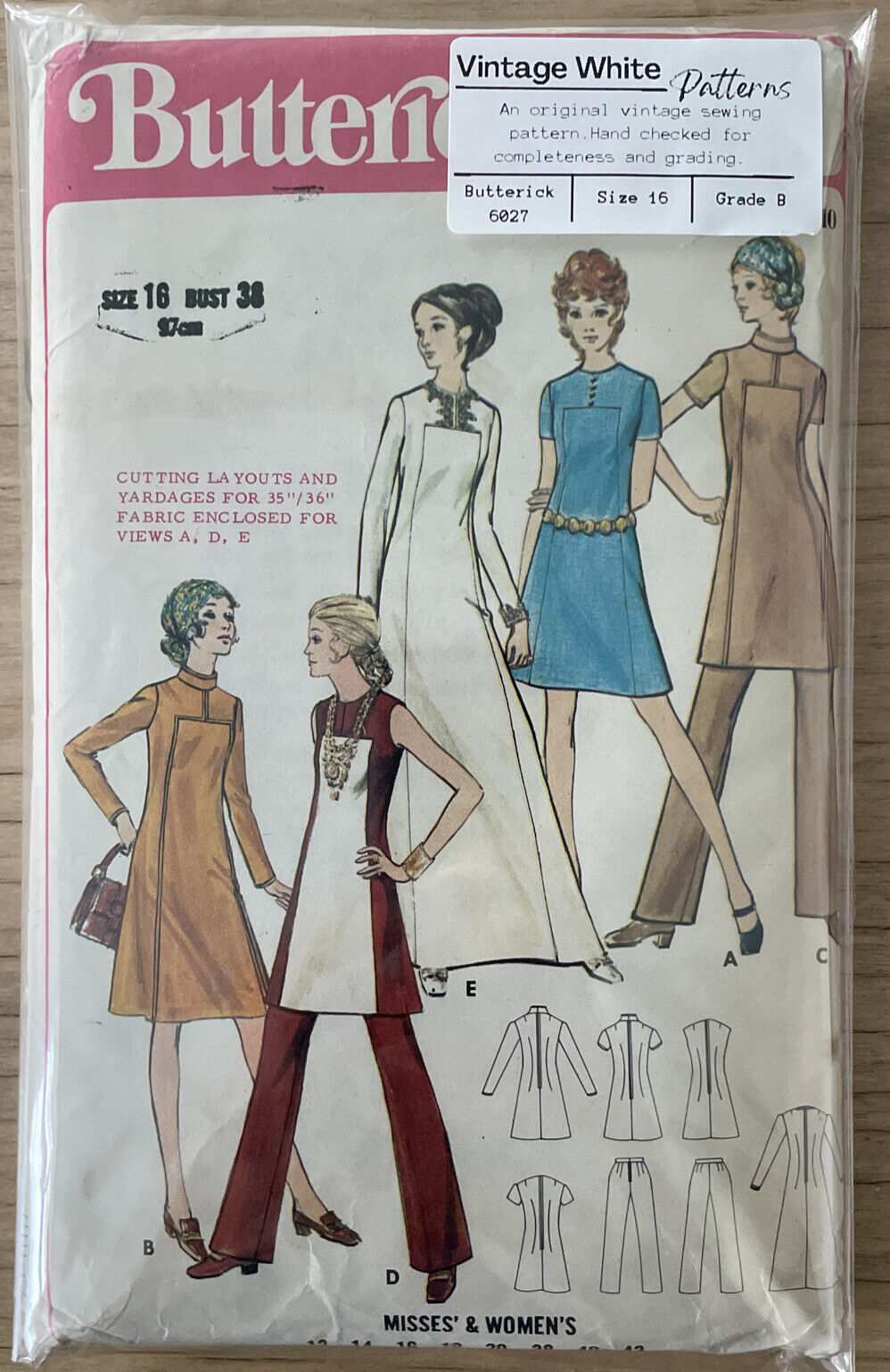 Butterick 6027 Womens Size 16 Dress Tunic Trousers *