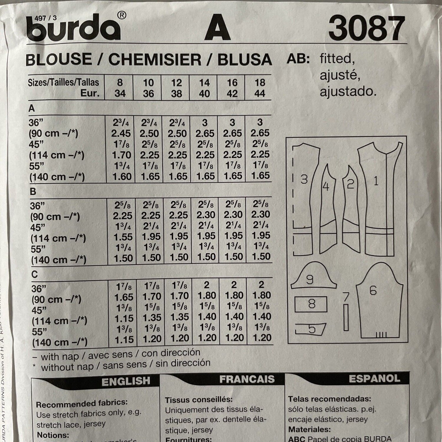 Burda 3087 Womens Size 8-18 Blouse Shirt Top FF *