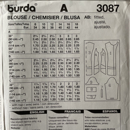 Burda 3087 Womens Size 8-18 Blouse Shirt Top FF *