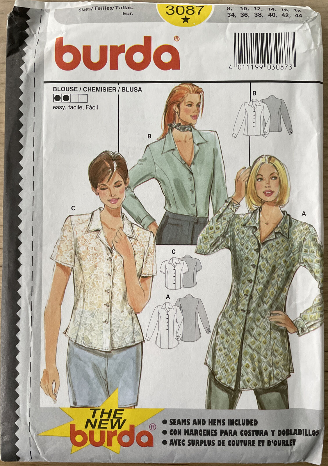 Burda 3087 Womens Size 8-18 Blouse Shirt Top FF *