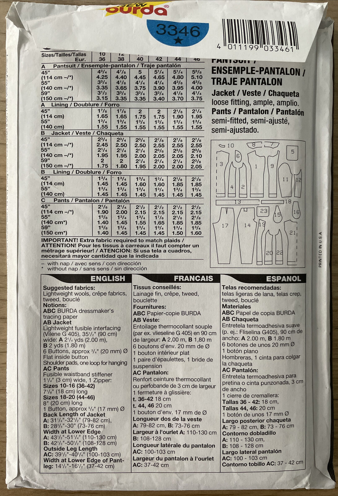 Burda 3346 Womens Size 10-20 Jacket Trousers FF *