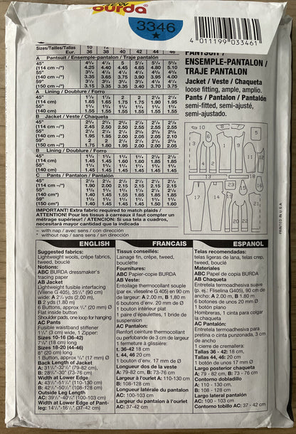 Burda 3346 Womens Size 10-20 Jacket Trousers FF *