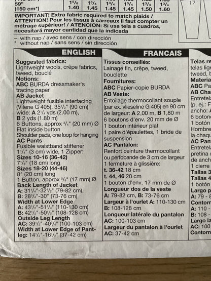 Burda 3346 Womens Size 10-20 Jacket Trousers FF *
