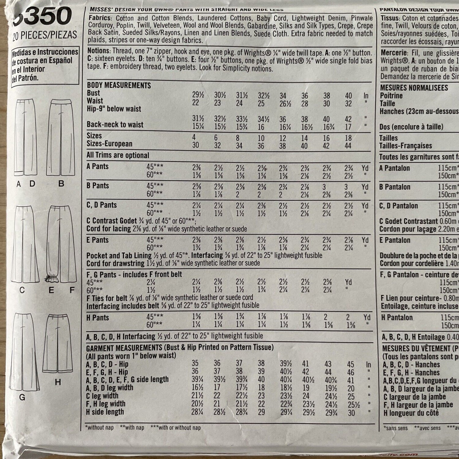 Simplicity 5350 Womens Size 12-18 Trousers FF