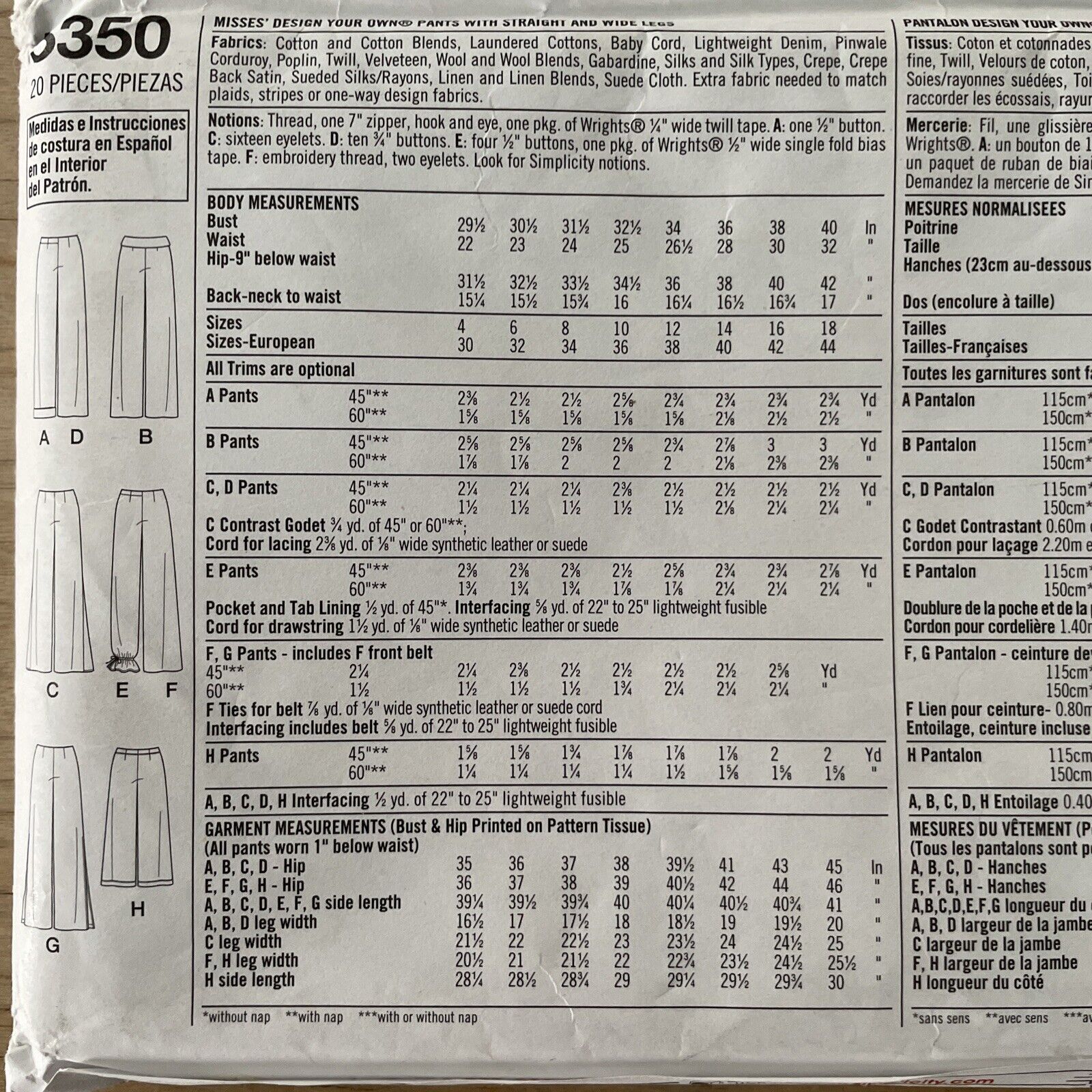 Simplicity 5350 Womens Size 12-18 Trousers FF