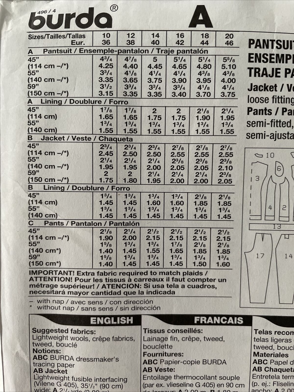 Burda 3346 Womens Size 10-20 Jacket Trousers FF *