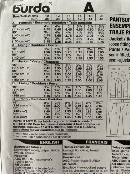 Burda 3346 Womens Size 10-20 Jacket Trousers FF *