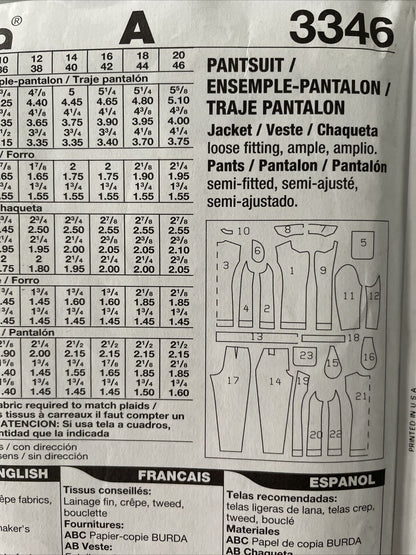 Burda 3346 Womens Size 10-20 Jacket Trousers FF *