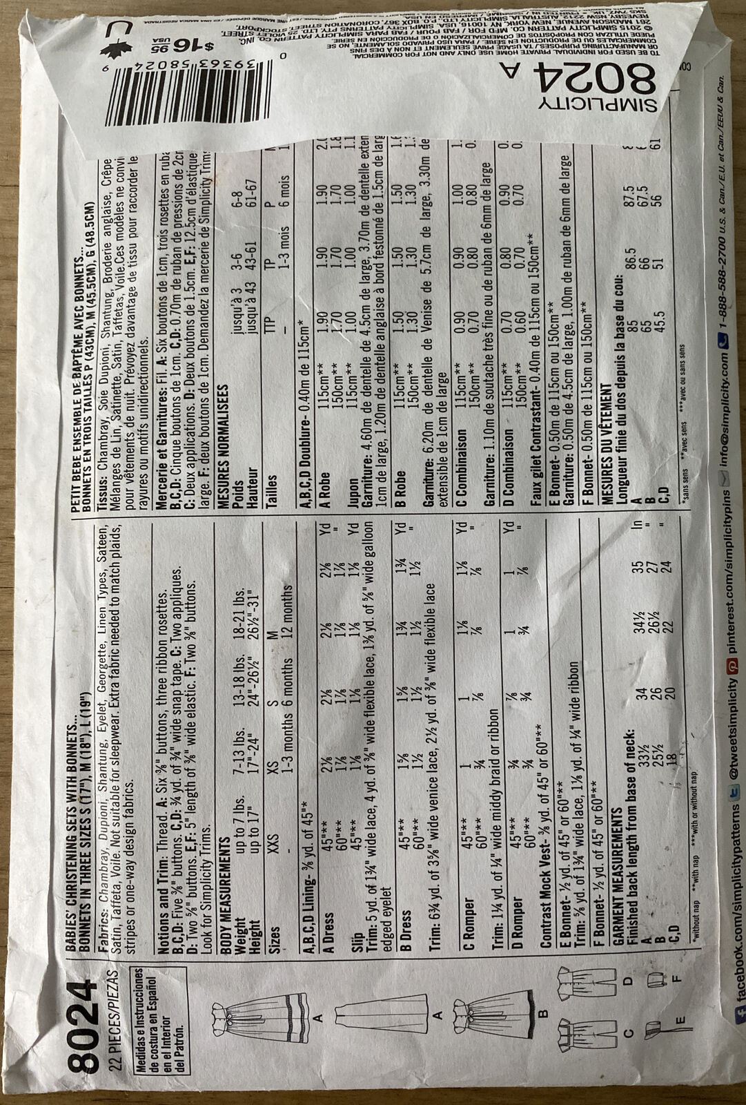 Simplicity 8024 Baby Size XXS-M Christening Gown UNCUT