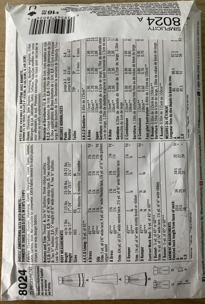 Simplicity 8024 Baby Size XXS-M Christening Gown UNCUT