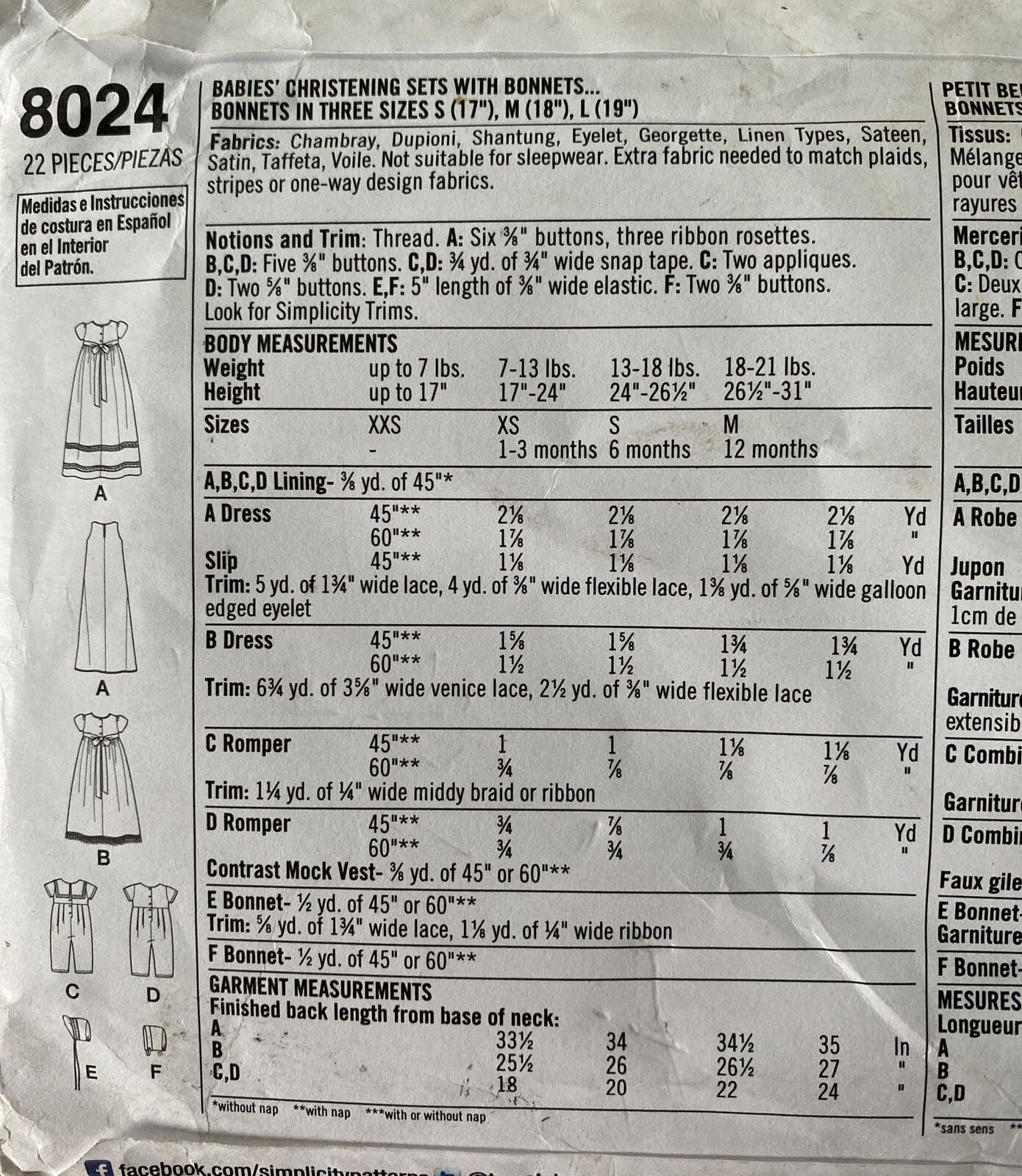 Simplicity 8024 Baby Size XXS-M Christening Gown UNCUT