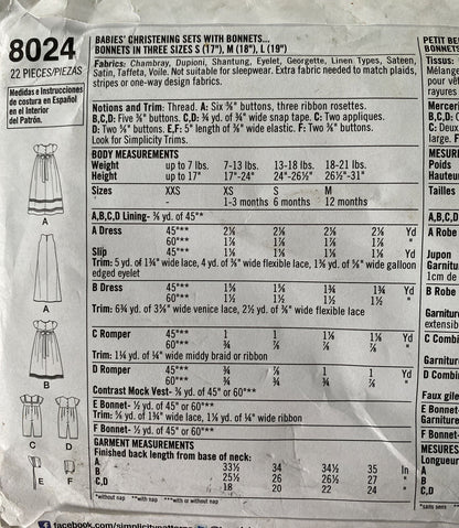 Simplicity 8024 Baby Size XXS-M Christening Gown UNCUT