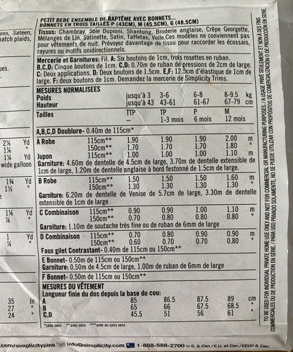 Simplicity 8024 Baby Size XXS-M Christening Gown UNCUT