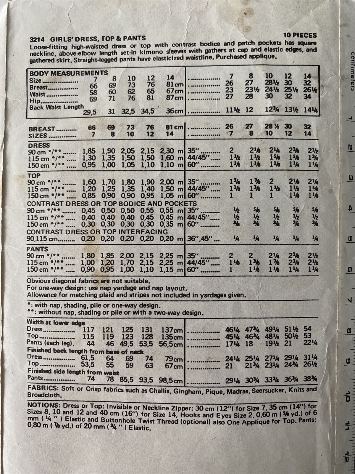 Butterick 3214 Child Size 12 Dress Top Trousers *