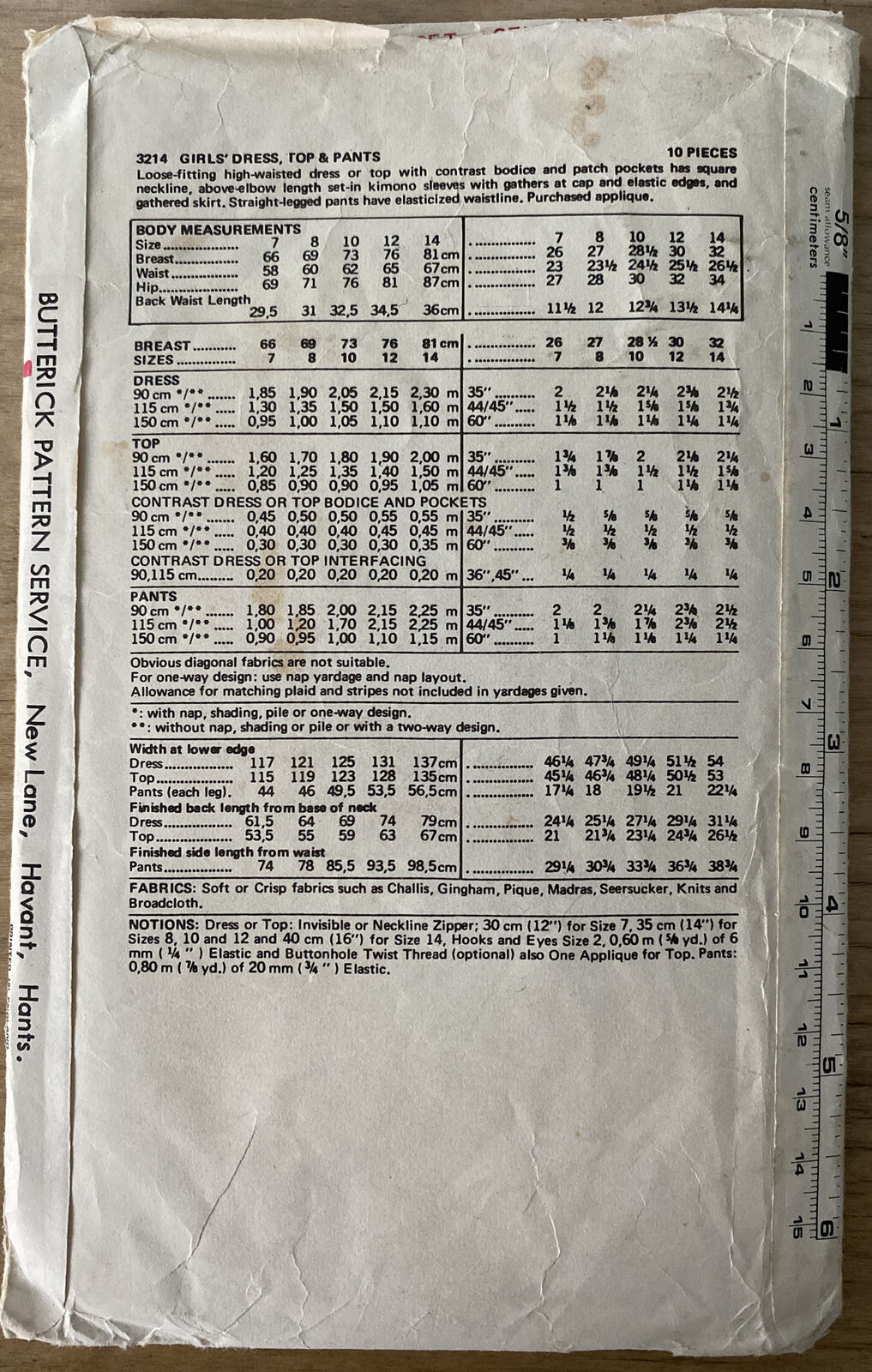 Butterick 3214 Child Size 12 Dress Top Trousers *