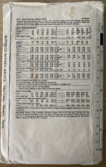 Butterick 3214 Child Size 12 Dress Top Trousers *