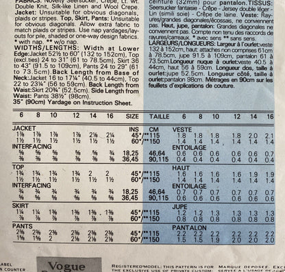Vogue 2086 Size 12 Skirt Top Pants Jacket FF