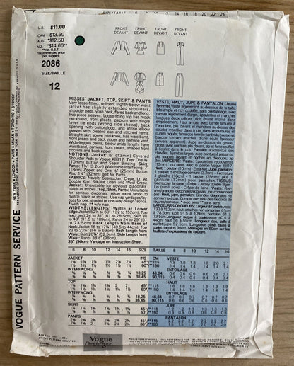 Vogue 2086 Size 12 Skirt Top Pants Jacket FF