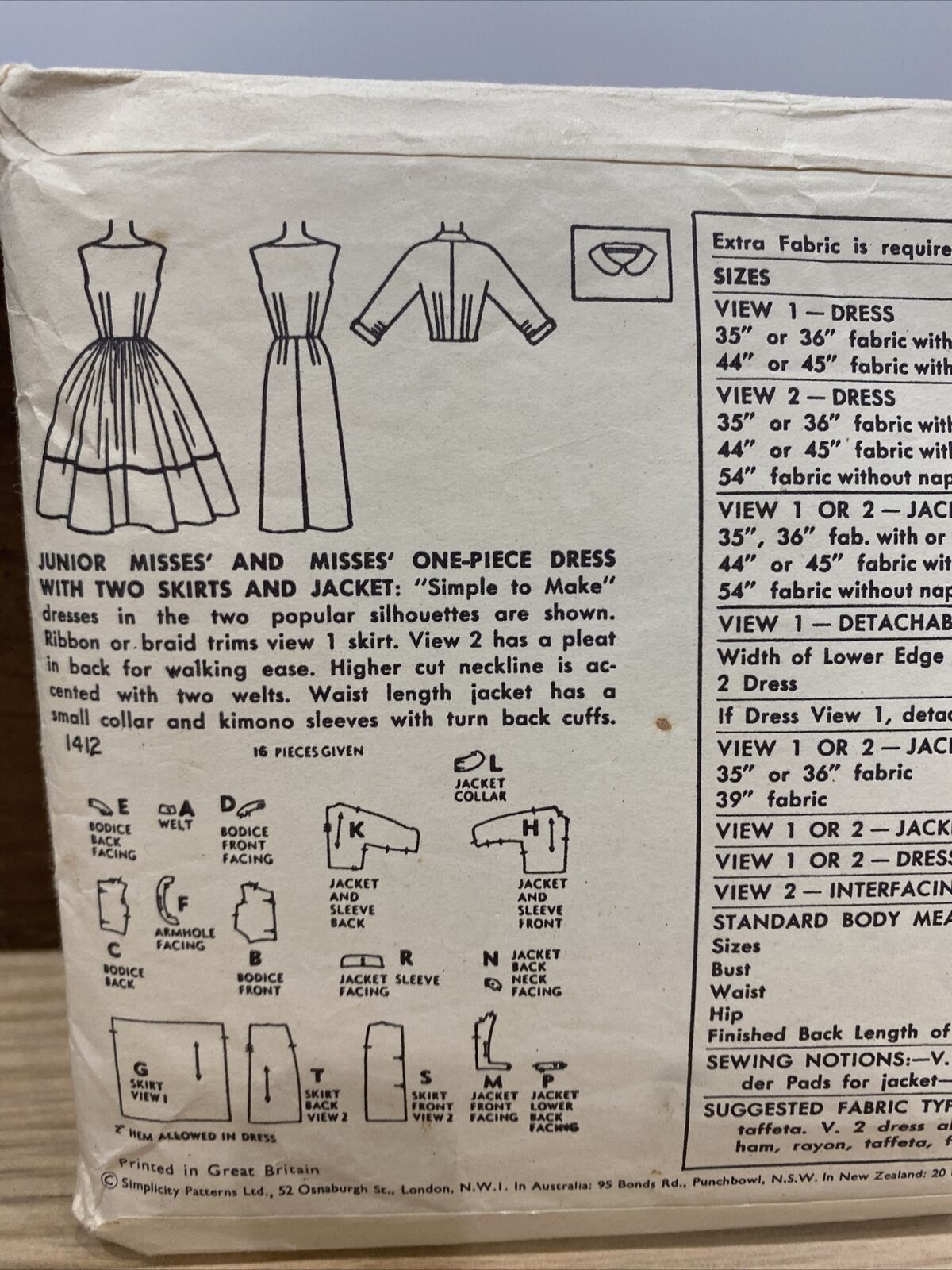Simplicity 1412 Womens Size 14 Dress Jacket *