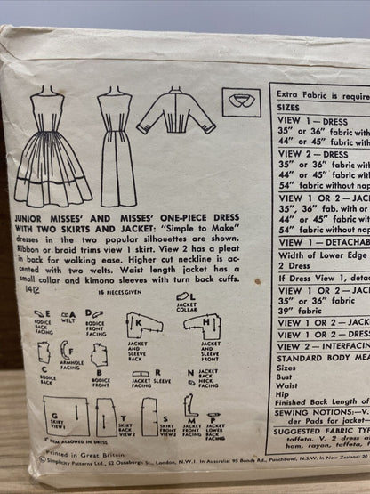 Simplicity 1412 Womens Size 14 Dress Jacket *