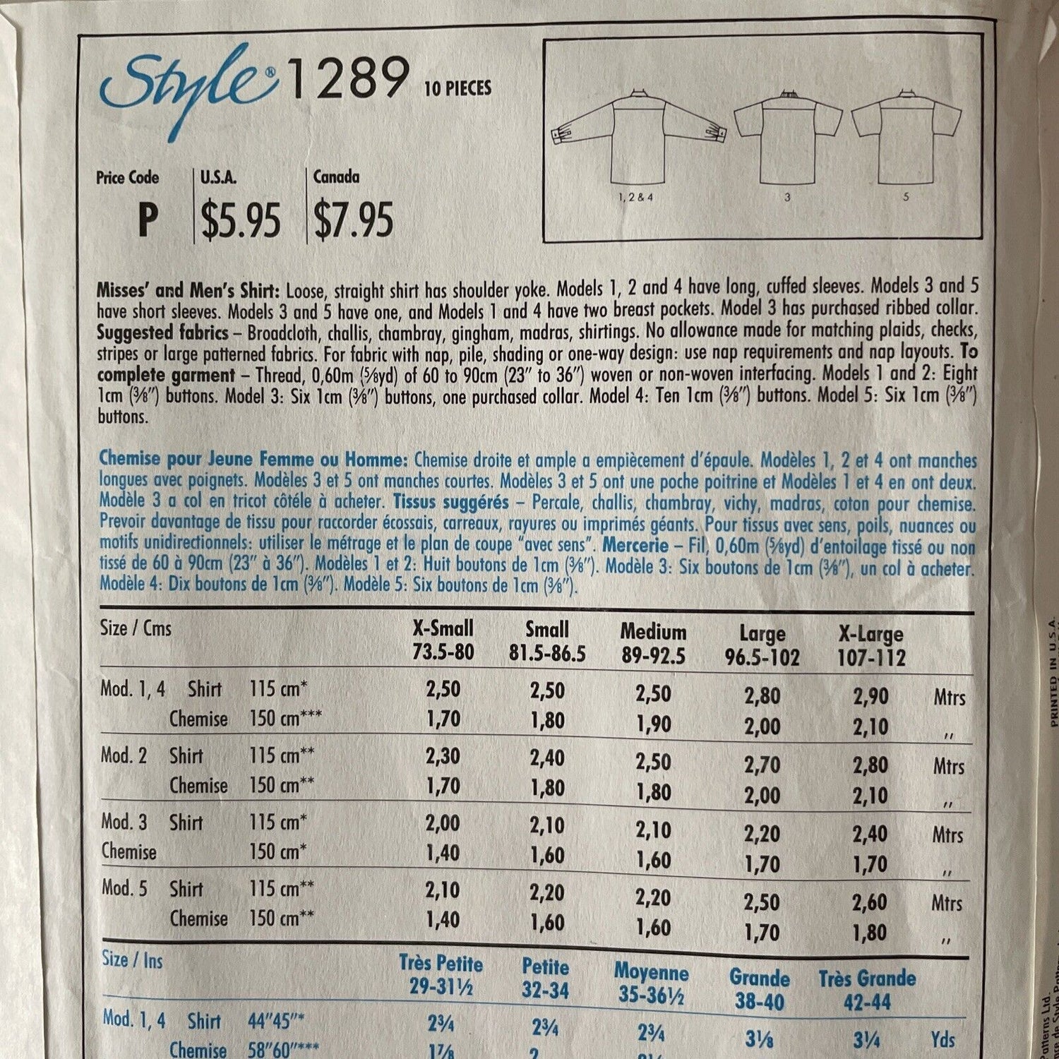 Style 1289 Unisex Size S M Shirt Blouse FF