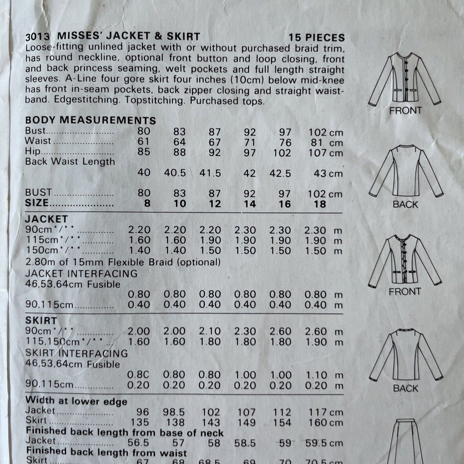 Butterick 3013 Womens Size 16 Jacket Skirt *