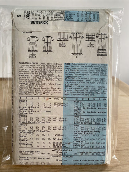 Butterick 3087 Child Size 6 Bridesmaid Dress Party Dress