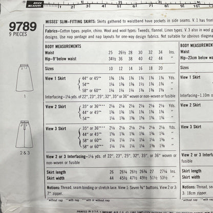 Simplicity 9789 Womens Size 16 Skirt