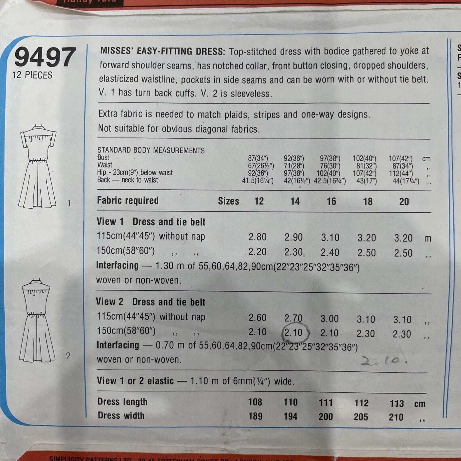 Simplicity 9497 Womens Size 14 Dress *