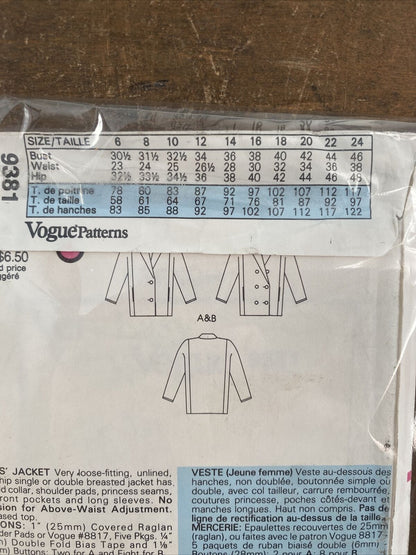 Vogue 9381 Womens Sizes 8-12 Jacket Coat FF