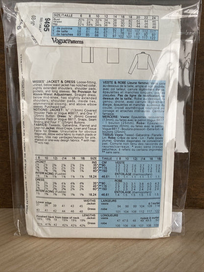 Vogue 9495 Womens Size 8-12 Jacket Dress FF