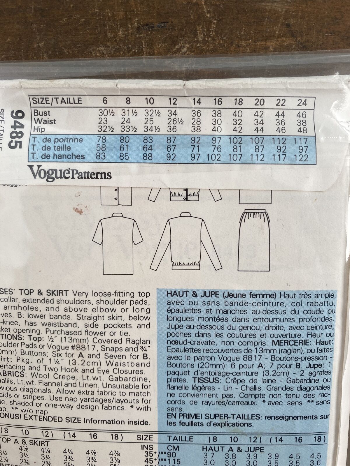 Vogue 9485 Womens Size 8-12 Top Skirt