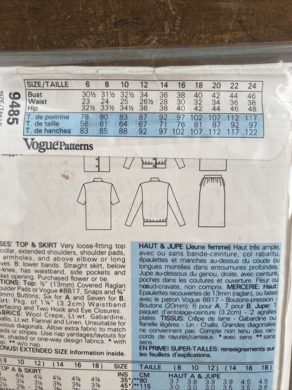 Vogue 9485 Womens Size 8-12 Top Skirt