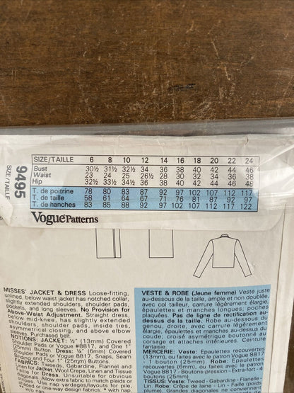 Vogue 9495 Womens Size 8-12 Jacket Dress FF