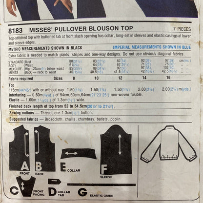 Simplicity 8183 Womens Size 12-16 Blouson Top *