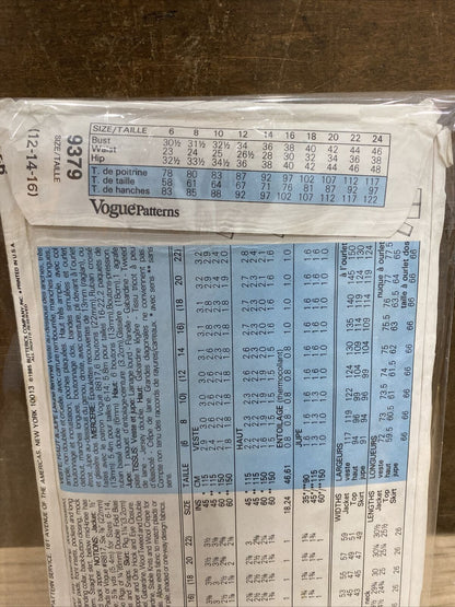 Vogue 9379 Womens Sizes 12-16 Jacket Top Skirt FF