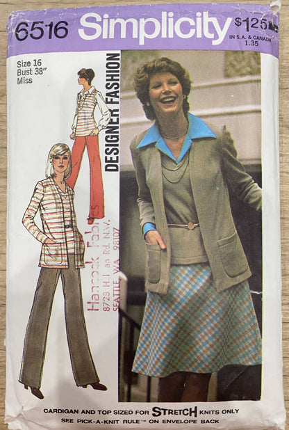 Simplicity 6516 Size 16 Top Cardigan Trousers Skirt *