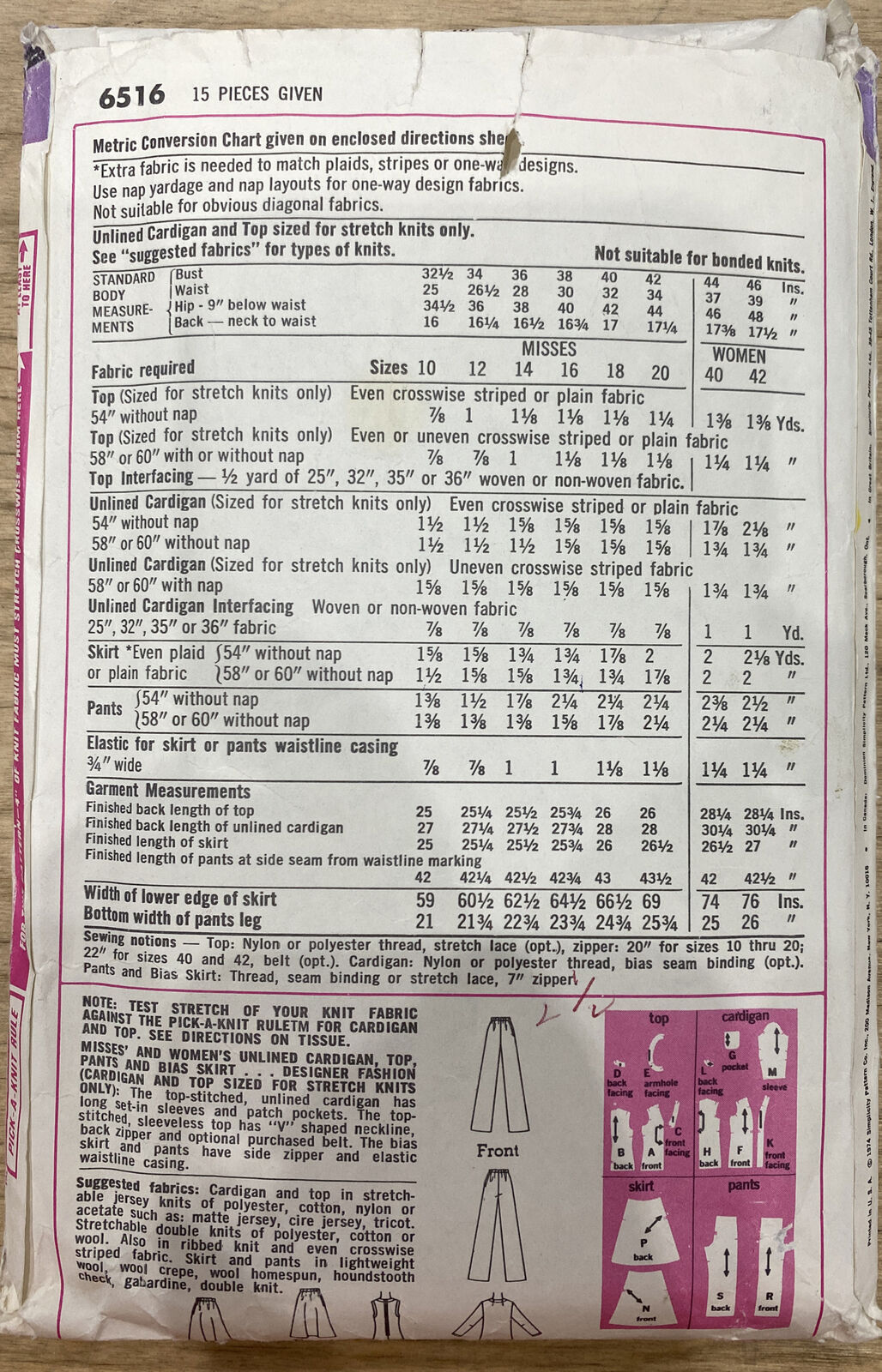 Simplicity 6516 Size 16 Top Cardigan Trousers Skirt *