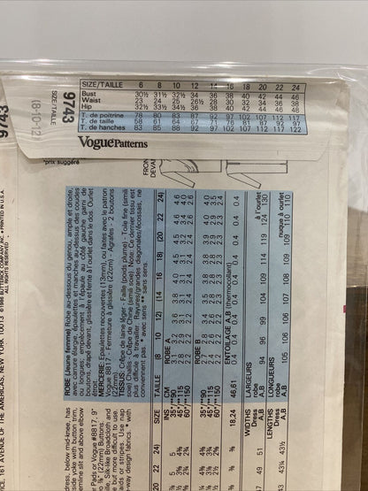 Vogue 9743 Womens Sizes 8-12 Dress FF